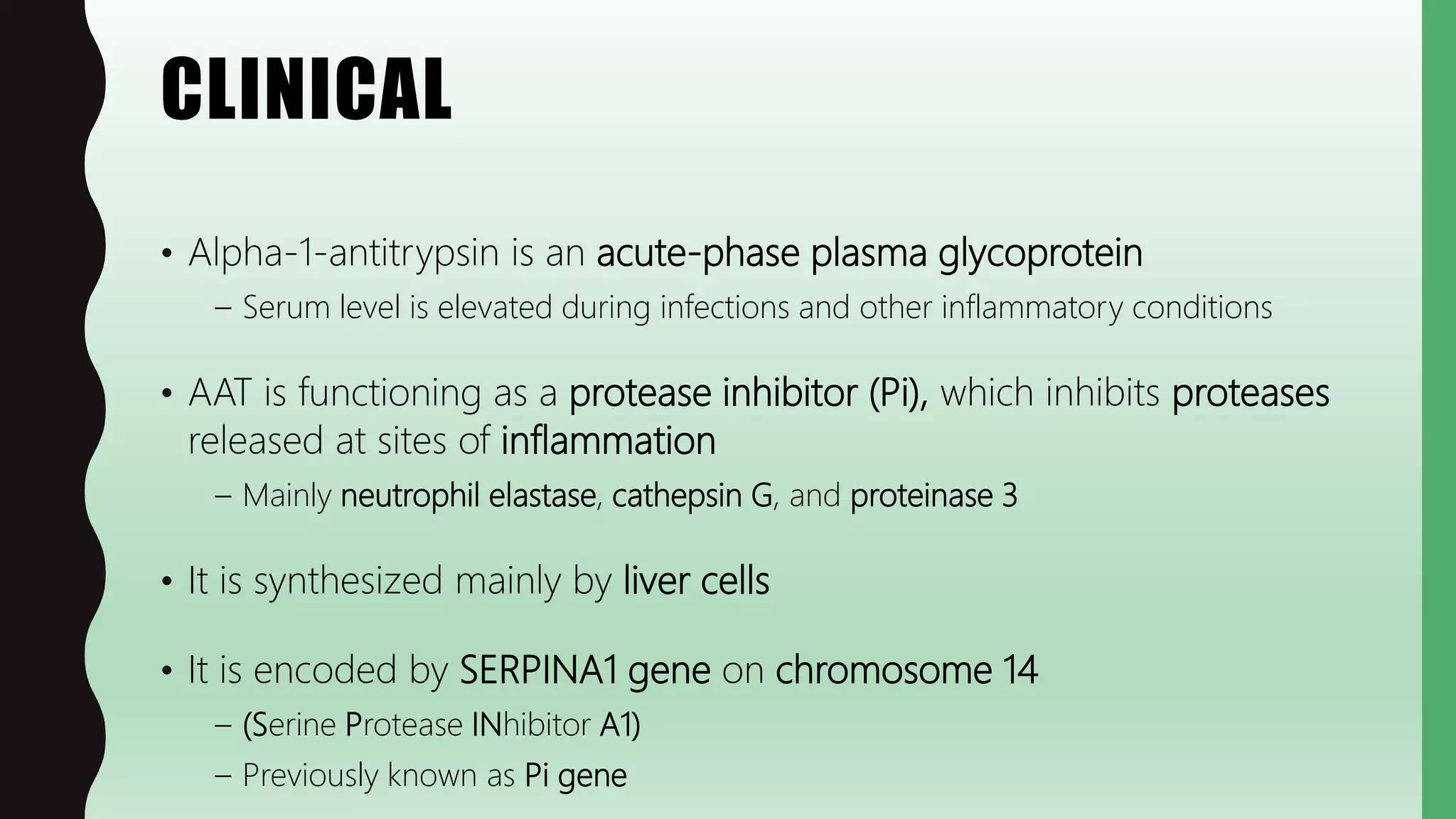 CLINICAL
• Alpha-1-antitrypsin is an acute-phase plasma glycoprotein
– Serum level is elevated during infections and other inflammatory conditions
• AAT is functioning as a protease inhibitor (Pi), which inhibits proteases
released at sites of inflammation
– Mainly neutrophil elastase, cathepsin G, and proteinase 3
• It is synthesized mainly by liver cells
• It is encoded by SERPINA1 gene on chromosome 14
– (Serine Protease INhibitor A1)
– Previously known as Pi gene
 