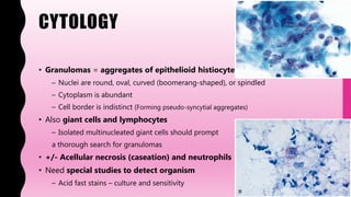 CYTOLOGY
• Granulomas = aggregates of epithelioid histiocytes
– Nuclei are round, oval, curved (boomerang-shaped), or spindled
– Cytoplasm is abundant
– Cell border is indistinct (Forming pseudo-syncytial aggregates)
• Also giant cells and lymphocytes
– Isolated multinucleated giant cells should prompt
a thorough search for granulomas
• +/- Acellular necrosis (caseation) and neutrophils
• Need special studies to detect organism
– Acid fast stains – culture and sensitivity
 