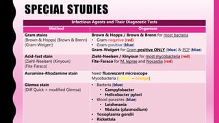 SPECIAL STUDIES
Infectious Agents and Their Diagnostic Tests
Method Organism
Gram stains
(Brown & Hopps) (Brown & Brenn)
(Gram-Weigert)
Brown & Hopps / Brown & Brenn for most bacteria
• Gram-negative (red)
• Gram-positive (blue)
Gram-Weigert for Gram positive ONLY (blue) & PCP (blue)
Acid-fast stain
(Ziehl-Neelsen) (Kinyoun)
(Fite-Faraco)
Ziehl-Neelsen / Kinyoun for most mycobacteria (red)
Fite-Faraco for M. leprae and Nocardia (red)
Auramine-Rhodamine stain Need fluorescent microscope
Mycobacteria (yellow – orange)
Giemsa stain
(Diff Quick = modified Giemsa)
• Bacteria (blue)
• Campylobacter
• Helicobacter pylori
• Blood parasites (blue)
• Leishmania
• Malaria (plasmodium)
• Toxoplasma gondii
• Rickettsia
 