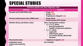 SPECIAL STUDIES
Infectious Agents and Their Diagnostic Tests
Method Organism
Periodic acid-Schiff (PAS) stain • Fungi (red)
• Ameba (red)
• Tropheryma whippelii (red)
Grocott methenamine silver (GMS) stain • Fungi (black)
• Pneumocystis (PCP) (black)
Warthin-Starry and Steiner stains Silver impregnation method
• Spirochetes (black)
• Borrelia burgdorferi
• Syphilis (Treponema pallidum)
• Bacteria (black)
• Legionella
• Helicobacter pylori
• Cat scratch disease (Bartonella
henselae
Mucicarmine stain • Cryptococci capsule (red)
Antibodies stains
Culture and senstivity
ALL CLASSES
 