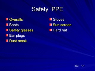 Safety PPE
Overalls           Gloves
Boots              Sun screen
Safety glasses     Hard hat
Ear plugs
Dust mask




                                263   1/1
 