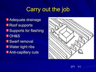 Carry out the job
Adequate drainage
Roof supports
Supports for flashing
OH&S
Swarf removal
Water tight ribs
Anti-capillary cuts


                              271   1/1
 