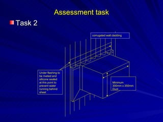 Assessment task
Task 2
                               corrugated wall cladding




         Under flashing to
         be riveted and
         silicone sealed
         at this point to                      Minimum
         prevent water                         300mm x 350mm
         running behind                        Duct
         sheet
 