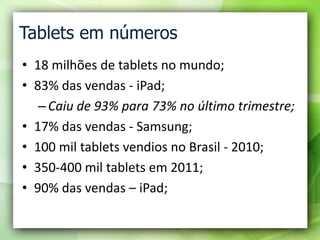 Tablets em números<br />18 milhões de tablets no mundo;<br />83% das vendas - iPad;<br />Caiu de 93% para 73% no último tr...