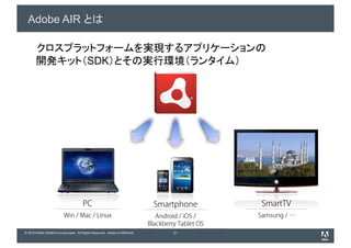 Adobe AIR


                                          SDK




                                       PC                                       Smartphone            SmartTV
                          Win / Mac / Linux                                      Android / iOS /     Samsung / …
                                                                              Blackberry Tablet OS
© 2010 Adobe Systems Incorporated. All Rights Reserved. Adobe Confidential.            21
 