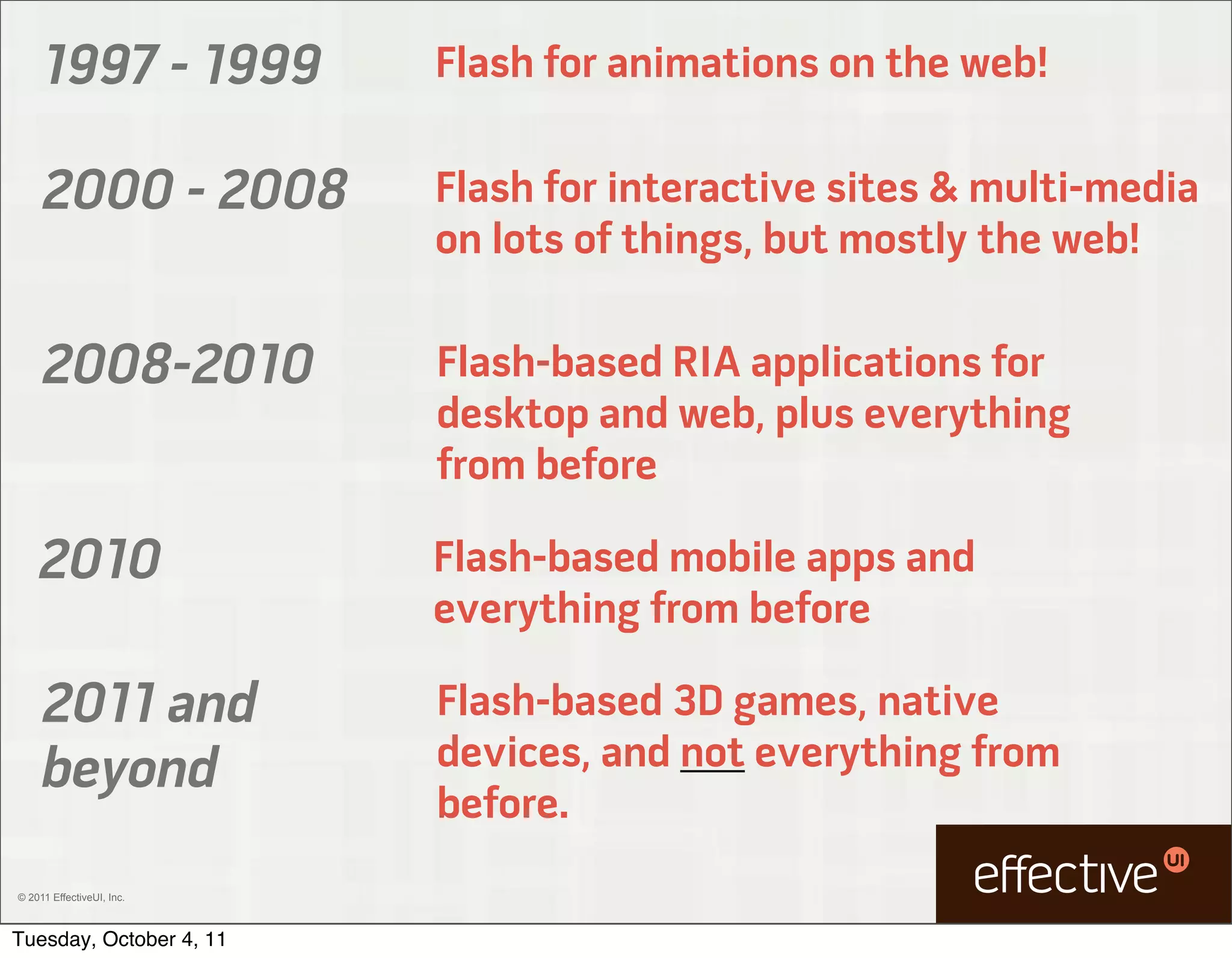 1997 - 1999           Flash for animations on the web!

     2000 - 2008           Flash for interactive sites & multi-media
                           on lots of things, but mostly the web!

     2008-2010             Flash-based RIA applications for
                           desktop and web, plus everything
                           from before

    2010                   Flash-based mobile apps and
                           everything from before

     2011 and              Flash-based 3D games, native
     beyond                devices, and not everything from
                           before.
© 2011 EffectiveUI, Inc.



Tuesday, October 4, 11
 