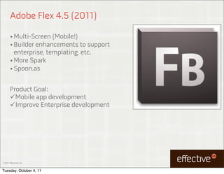 Adobe Flex 4.5 (2011)

        • Multi-Screen (Mobile!)
        • Builder enhancements to support
          enterprise, templating, etc.
        • More Spark
        • Spoon.as



        Product Goal:
        Mobile app development
        Improve Enterprise development




© 2011 EffectiveUI, Inc.



Tuesday, October 4, 11
 