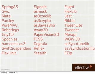 SpringAS                  Signals         Flight
 Swiz                      asmock          FlexLib
 Mate                      as3corelib      Jest
 Parsley                   as3crypto       Ribbit
 PureMVC                   as3awss3lib     TweenLite
 Robotlegs                 Away3D          Tweener
 tinyTLF                   PaperVision3D   Merapi
 Spoon.as                  FCSS            WOW 3D
 hamcrest-as3              Degrafa         as3youtubelib
 SwiftSuspenders           Reflex          as3syndicationlib
 FlexUnit                  Stealth         FZip


© 2011 EffectiveUI, Inc.



Tuesday, October 4, 11
 