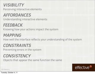 VISIBILITY
     Perceiving interactive elements

     AFFORDANCES
     Understanding interactive elements

     FEEDBACK
     Knowing how your actions impact the system

     MAPPING
     How well the interface reflects your understanding of the system

     CONSTRAINTS
     Preventing errors in the system

     CONSISTENCY
     Objects that appear the same function the same

© 2011 EffectiveUI, Inc.



Tuesday, October 4, 11
 