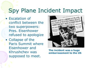 Spy Plane Incident ImpactEscalation of conflict between the two superpowers: Pres. Eisenhower refused to apologizeCollapse of the Paris Summit where Eisenhower and Khrushchev was supposed to meet.The incident was a huge embarrassment to the US