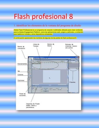 Flash profesional 8
1. identificar los elementos de la ventana del programa de diseño
Adobe Flash Professional es un programa de creación multimedia utilizado para crear contenido
para la Adobe Engagement Platform, como las aplicaciones web, juegos y películas, y contenido
para teléfonos móviles y otros dispositivos embebidos.

A continuación aparecerán los nombres de algunas de las partes de flash profesional 8:
 