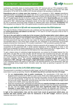 www.otpresearch.com
FLASH REPORT – GOVERNMENT DEFICIT
contributions; meanwhile, taxes on income jumped 12.4%. VAT revenues were up 7.9% compared to 16Q1,
driven by strong consumption, rising housing and public investments. One-off revenues from land sales
amounted to 121 bn HUF (0.3% of GDP) in Q1; this item will fade in Q2 according to monthly data.
Expenditures grew at a slower pace than revenues (+5.1% compared to 16Q1). Interest expenditures
contracted thanks to exceptionally low interest rates. Its four-quarter average reached a historic low, 3.1% of
GDP. Surprisingly, intermediate consumption (purchases of goods and services) fell by 6.1%, even though
the 2017 budget expects this item to rise by a quarter compared to 2016. Social benefits grew at a modest
2.6%, mainly due to the indexation of pensions. However, the number of pensioners also decreased by 1%
compared to 16Q1, reflecting longer demographic trends. On the other hand, labour compensation was up
9% due to previously announced wage increases for selected public sector employees. Investments rose
55% compared to an abysmal 16Q1, and capital transfers (investment grants) also increased significantly.
Rising cash deficit in Q2 will not necessarily worsen the ESA balance
This week the Ministry of National Economy also published cash flow based data for June, which show that
the central government cash deficit is on the rise: in 17H1 was 911 bn HUF compared to 402 bn HUF in
the same period last year.
The rise in the cash deficit is mostly due to the increase in the EU-related deficit, which reflects a gap
between the cash-based and accrual-based accounting of EU funds. The amount of EU-related spending
rose by 579 bn HUF (approx. 1.5% of GDP) in 17H1 compared to 16H1. Advances paid to the private sector
and local governments may have been the main reason for rising EU-related expenditures. Meanwhile, the
accrual-based take-up of EU funds (which includes the own contribution of the government to EU-funded
projects) remained low, financing only 17% of public investments in 17Q1 according to quarterly ESA data.
According to the ESA methodology, the majority of advance payments will not appear in the ESA deficit (only
co-payments be the government will). A similar episode happened in 2015 (highlighted on Chart 1): the
government accelerated EU-related expenditures but actual capital inflows from the EU lagged behind. The
cash deficit rose, but this did not prevent the ESA balance from improving substantially.
To gain a clearer picture of underlying budget developments, we exclude the EU-related balance from the
cash deficit, and also filter out some one-offs. One-off revenues have increased since last year: land sales
started only in 16Q3 but lasted well into 17Q2. We also consider most of the cash deficit in December 2016
as a one-off because it was influenced by a last-minute discretionary spending spree, which does not reflect
longer-term budgetary trends. The resulting underlying balance remained broadly stable in 17H1
compared to 16H1, although 17Q2 brought a slight deterioration compared to 17Q1. This quarterly fall
in the underlying balance may signal a turning point in the spending behaviour of the government. After last
year’s surprisingly strong budget outturn, the public sector may scale up spending to approach the 2.4%
deficit target.
Downside risks to the 2.4% ESA deficit target
The government is committed to achieving its deficit target; with the 2018 elections around the corner, it has
every reason to pump up spending. However, the deficit may still turn out lower than the 2.4% target:
 We see implementation risks to public investments. The reconstruction of M3 metro line in
Budapest (worth around 0.4% of GDP) is a case in point. Works were initially expected to begin in late
2016, but due to internal debates about the financing of the project, the kick-off date was postponed to
June 2017 last November. A week into July, even the contract has not been signed (it is expected by
the end of the month). Meanwhile, technical issues have arisen with the refurbished carriages (worth
another 0.2% of GDP), which may delay their launch.
 Apart from procedural risks, widespread and well-publicized capacity shortages in the construction
sector may also delay public investment projects, resulting in lower than projected expenditures.
 We also note that actual budget outturns have been significantly better than government
forecasts in recent years. Since 2012, government nowcasts (as presented each spring in the
annual convergence programmes) have overestimated the current-year deficit by 0.4pp on average.
In light of the implementation risks and the recent track record of government deficit plans, we
maintain that there remains some room for manoeuvre in the 2017 budget. Additional spending
measures may arrive in the autumn.
 