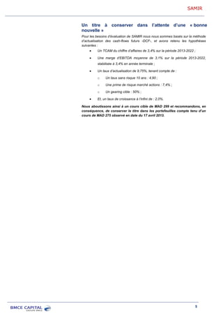SAMIR
5
Un titre à conserver dans l’attente d’une « bonne
nouvelle »
Pour les besoins d’évaluation de SAMIR nous nous sommes basés sur la méthode
d’actualisation des cash-flows futurs -DCF-, et avons retenu les hypothèses
suivantes :
Un TCAM du chiffre d’affaires de 3,4% sur la période 2013-2022 ;
Une marge d’EBITDA moyenne de 3,1% sur la période 2013-2022,
stabilisée à 3,4% en année terminale ;
Un taux d’actualisation de 9,75%, tenant compte de :
o Un taux sans risque 10 ans : 4,90 ;
o Une prime de risque marché actions : 7,4% ;
o Un gearing cible : 50% ;
Et, un taux de croissance à l’infini de : 2,0%.
Nous aboutissons ainsi à un cours cible de MAD 299 et recommandons, en
conséquence, de conserver le titre dans les portefeuilles compte tenu d’un
cours de MAD 275 observé en date du 17 avril 2013.
 