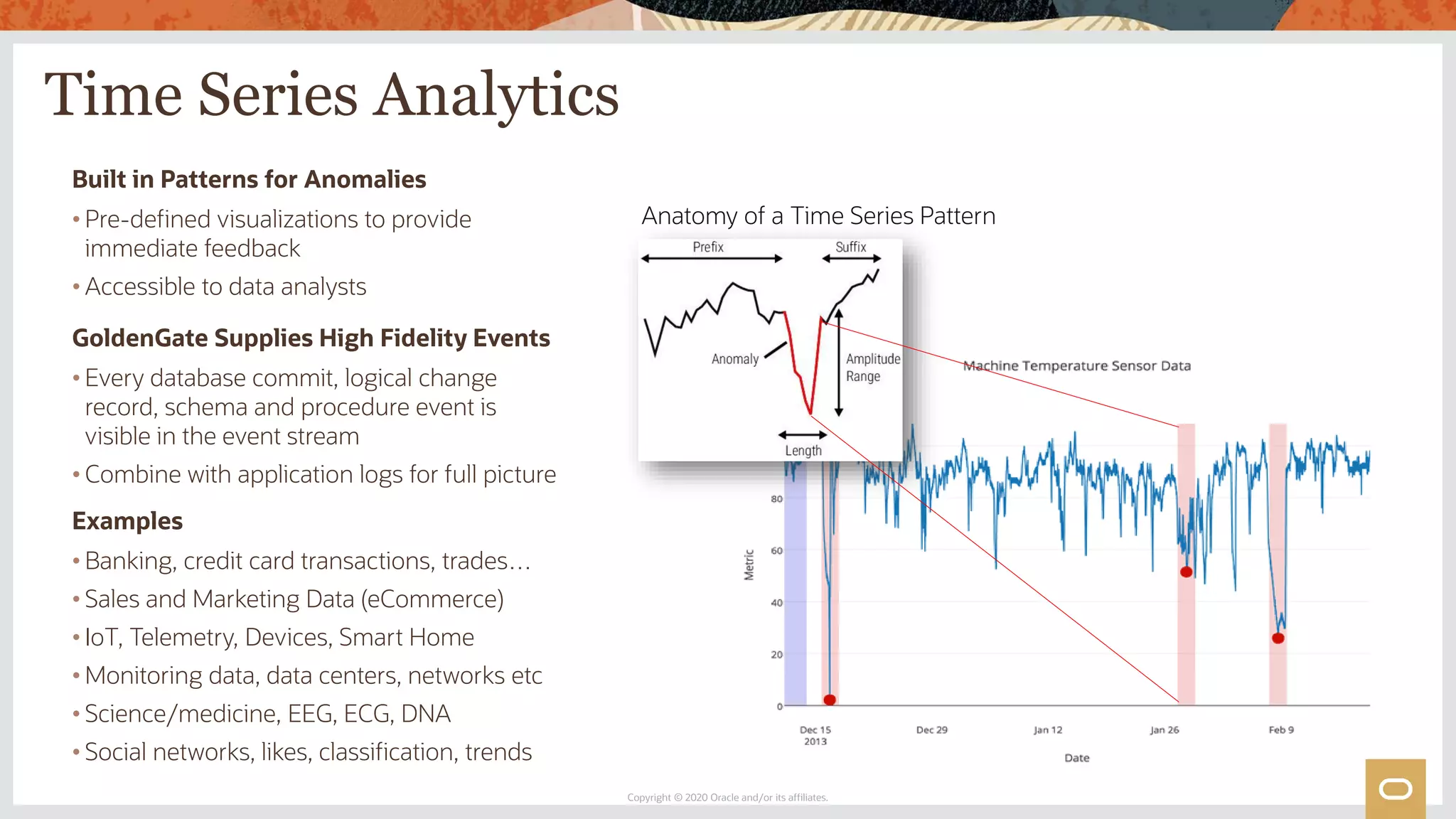 Time Series Analytics
Copyright © 2020 Oracle and/or its affiliates.
Anatomy of a Time Series Pattern
Built in Patterns for Anomalies
• Pre-defined visualizations to provide
immediate feedback
• Accessible to data analysts
GoldenGate Supplies High Fidelity Events
• Every database commit, logical change
record, schema and procedure event is
visible in the event stream
• Combine with application logs for full picture
Examples
• Banking, credit card transactions, trades…
• Sales and Marketing Data (eCommerce)
• IoT, Telemetry, Devices, Smart Home
• Monitoring data, data centers, networks etc
• Science/medicine, EEG, ECG, DNA
• Social networks, likes, classification, trends
 