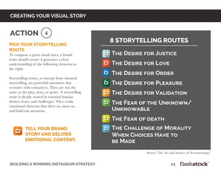 Pick your storytelling
route
To compose a great visual story, a brand
team should ensure it possesses a clear
understanding of the following elements to
the right:
Storytelling routes, a concept from classical
storytelling, are powerful narratives that
resonate with consumers. They are not the
same as the plot, story, or genre. A storytelling
route is deeply rooted in essential human
desires, fears, and challenges. They evoke
emotional elements that drive us, move us,
and hold our attention.
building a winning instagram strategy 					 		 	 23
creating your visual story
4Action
8 storytelling routes
The Desire for Justice
The Desire for Love
The Desire for Order
The Desire for Pleasure
The Desire for Validation
The Fear of the Unknown/
Unknowable
The Fear of death
The Challenge of Morality
When Choices Have to
be Made
Tell your brand
story and deliver
emotional content.
Source: The Art and Science of Screenwriting16
 
