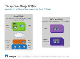 NetApp Flash Storage Portfolio
Maximizing the Value of Flash Across the Entire IT Stack


              Hybrid Flash
  Hot Data Always on Highest Performing Media
               with Data ONTAP ®                                                                                                    All-Flash Array
                                                                                                          Consistent, High I/O Performance and Low Latency


 Server                   +        Flash                  Flash
                     $             Accel
 Level                                                    Accel    TM



              SSD                                                                                                EF540
                                                                                                                                                SSD        SSD




                                                                                                              FlashRay       TM



Controller                                                Flash                                              Available in beta
  Level                                                   Cache     TM
                                                                                                                mid 2013
                                                                                                            Generally available                 SSD        SSD
                                                                                                                  in 2014

  Disk                                                     Flash
  Level                                   SSD              Pool    TM


              SATA       FC/SAS




                          NetApp, the NetApp logo, Go further, faster, Data ONTAP, Flash Array, Flash Cache, Flash Pool, FlashRay, and SANtricity are trademarks or registered trademarks of
                          NetApp, Inc. in the United States and/or other countries. All other brands or products are trademarks or registered trademarks of their respective holders and should be
 