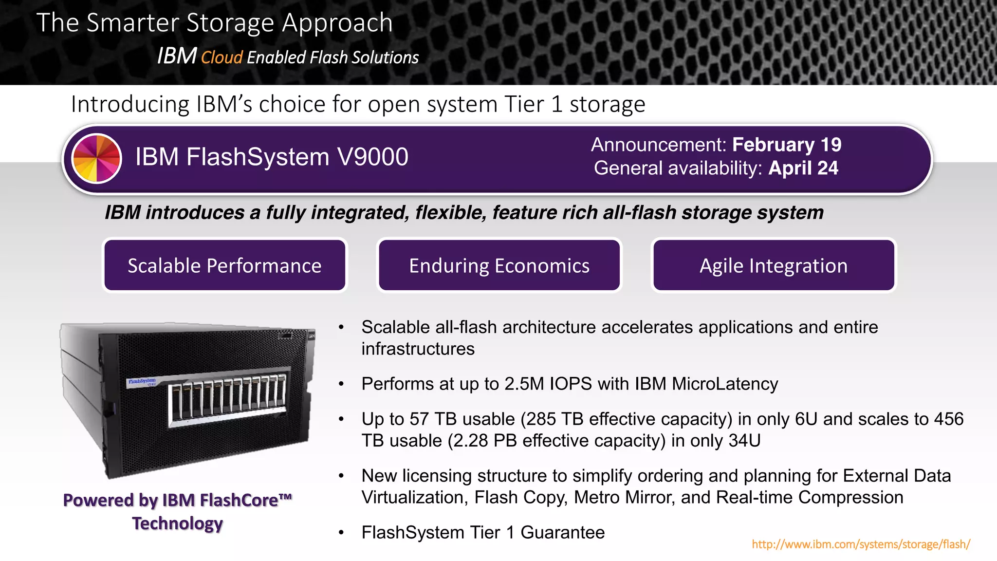 IBM FlashSystem V9000
IBM introduces a fully integrated, flexible, feature rich all-flash storage system
Introducing IBM’s choice for open system Tier 1 storage
Announcement: February 19
General availability: April 24
• Scalable all-flash architecture accelerates applications and entire
infrastructures
• Performs at up to 2.5M IOPS with IBM MicroLatency
• Up to 57 TB usable (285 TB effective capacity) in only 6U and scales to 456
TB usable (2.28 PB effective capacity) in only 34U
• New licensing structure to simplify ordering and planning for External Data
Virtualization, Flash Copy, Metro Mirror, and Real-time Compression
• FlashSystem Tier 1 Guarantee
Scalable Performance Agile IntegrationEnduring Economics
Powered by IBM FlashCore™
Technology
The Smarter Storage Approach
IBMCloud Enabled Flash Solutions
http://www.ibm.com/systems/storage/flash/
 