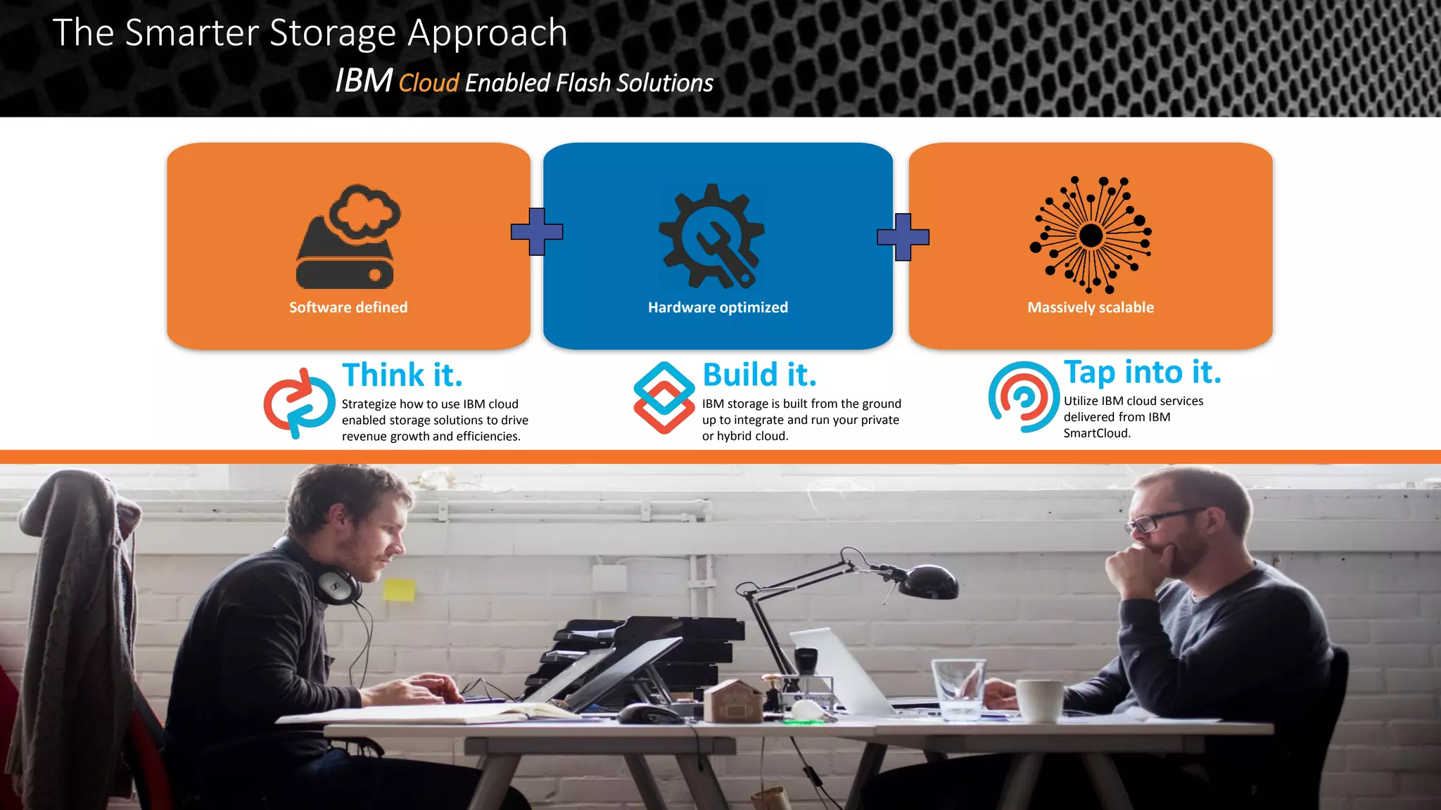 The Smarter Storage Approach
IBMCloud Enabled Flash Solutions
Ibm.com/cloud-computing
Think it.
Strategize how to use IBM cloud
enabled storage solutions to drive
revenue growth and efficiencies.
Build it.
IBM storage is built from the ground
up to integrate and run your private
or hybrid cloud.
Tap into it.
Utilize IBM cloud services
delivered from IBM SmartCloud.
Software defined Hardware optimized Massively scalable
 