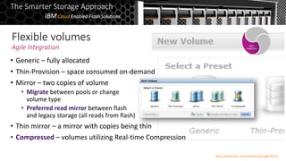 Flexible volumes
Agile Integration
• Generic – fully allocated
• Thin-Provision – space consumed on-demand
• Mirror – two copies of volume
• Migrate between pools or change
volume type
• Preferred read mirror between flash
and legacy storage (all reads from flash)
• Thin mirror – a mirror with copies being thin
• Compressed – volumes utilizing Real-time Compression
Agile
Integration
The Smarter Storage Approach
IBMCloud Enabled Flash Solutions
http://www.ibm.com/systems/storage/flash/
 