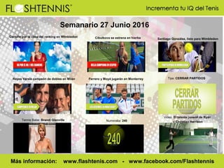 Semanario 27 Junio 2016
Numeralia: 240
Más información: www.flashtenis.com - www.facebook.com/Flashtennis
Tips: CERRAR PARTIDOS
Video: El talento juvenil de Ryan
y Christian Harrison
Cibulkova se estrena en hierba
Tennis Babe: Brandi Glanville
Garbiñe por la cima del ranking en WImbledon
Ferrero y Moyá jugarán en MonterreyReyes Varela campeón de dobles en Milán
Santiago González, listo para Wimbledon
 