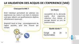 12
LA VALIDATION DES ACQUIS DE L’EXPERIENCE (VAE)
C’est quoi la VAE ?
Droit individuel permettant de valoriser ses
expériences (au moins 3 ans dans le domaine
visé) pour obtenir une qualification/un diplôme
officiellement reconnu(e)
Dispositif lourd et long : accompagnement de
l’agent possible, peut être financé par
l’employeur
Les étapes
recevabilité de la demande
auprès d’un organisme,
rédaction d’un dossier et
passage devant un jury de
professionnels
Quelle durée ?
Congé de 24 h
fractionnables
 