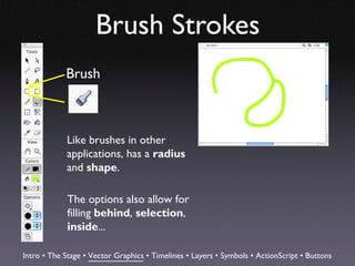 Brush Strokes
            Brush



            Like brushes in other
            applications, has a radius
            and shape.

             The options also allow for
             filling behind, selection,
             inside...

Intro • The Stage • Vector Graphics • Timelines • Layers • Symbols • ActionScript • Buttons
 
