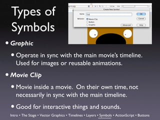 Types of
  Symbols
• Graphic
  • Operate in sync with the main movie’s timeline.
    Used for images or reusable animations.

• Movie Clip
  • Movie inside a movie. On their own time, not
    necessarily in sync with the main timeline.

  • Good for interactive things and sounds.
 Intro • The Stage • Vector Graphics • Timelines • Layers • Symbols • ActionScript • Buttons
 