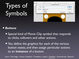 Types of
  Symbols

• Buttons
  • Special kind of Movie Clip symbol that responds
    to clicks, rollovers and other actions.

  • You define the graphics for each of the various
    button states, and then assign particular actions
    to an instance of a button.
 Intro • The Stage • Vector Graphics • Timelines • Layers • Symbols • ActionScript • Buttons
 