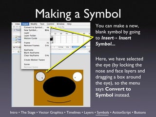 Making a Symbol
                                                         You can make a new,
                                                         blank symbol by going
                                                         to Insert→ Insert
                                                         Symbol...

                                                         Here, we have selected
                                                         the eye (by locking the
                                                         nose and face layers and
                                                         dragging a box around
                                                         the eye), so the menu
                                                         says Convert to
                                                         Symbol instead.


Intro • The Stage • Vector Graphics • Timelines • Layers • Symbols • ActionScript • Buttons
 