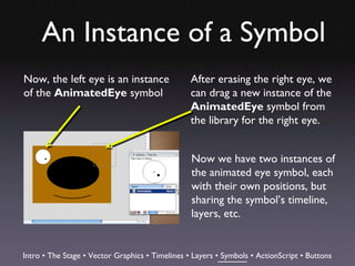 An Instance of a Symbol
Now, the left eye is an instance                 After erasing the right eye, we
of the AnimatedEye symbol                        can drag a new instance of the
                                                 AnimatedEye symbol from
                                                 the library for the right eye.


                                                 Now we have two instances of
                                                 the animated eye symbol, each
                                                 with their own positions, but
                                                 sharing the symbol’s timeline,
                                                 layers, etc.


Intro • The Stage • Vector Graphics • Timelines • Layers • Symbols • ActionScript • Buttons
 