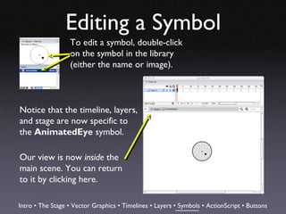 Editing a Symbol
                  To edit a symbol, double-click
                  on the symbol in the library
                  (either the name or image).



Notice that the timeline, layers,
and stage are now specific to
the AnimatedEye symbol.

Our view is now inside the
main scene. You can return
to it by clicking here.

Intro • The Stage • Vector Graphics • Timelines • Layers • Symbols • ActionScript • Buttons
 