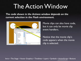 The Action Window
The code shown in the Actions window depends on the
current selection in the Flash environment.

                                                Movie clips can also have code,
                                                but it can only be movie clip
                                                event handlers.

                                                Notice that the movie clip’s
                                                code appears when the movie
                                                clip is selected.




Intro • The Stage • Vector Graphics • Timelines • Layers • Symbols • ActionScript • Buttons
 