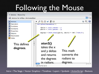 Following the Mouse



       This defines                 atan2()
       degrees.                     takes the x
                                    and y deltas          This math
                                    and returns           converts the
                                    the degrees           radians to
                                    in radians.           degrees.

Intro • The Stage • Vector Graphics • Timelines • Layers • Symbols • ActionScript • Buttons
 
