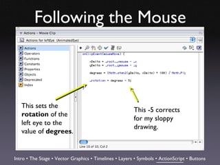 Following the Mouse



   This sets the
                                                        This -5 corrects
   rotation of the
                                                        for my sloppy
   left eye to the
                                                        drawing.
   value of degrees.


Intro • The Stage • Vector Graphics • Timelines • Layers • Symbols • ActionScript • Buttons
 
