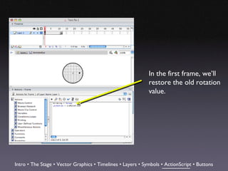 In the first frame, we’ll
                                                             restore the old rotation
                                                             value.




Intro • The Stage • Vector Graphics • Timelines • Layers • Symbols • ActionScript • Buttons
 