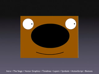 Intro • The Stage • Vector Graphics • Timelines • Layers • Symbols • ActionScript • Buttons
 