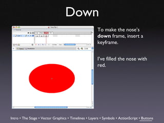 Down
                                                       To make the nose’s
                                                       down frame, insert a
                                                       keyframe.


                                                       I’ve filled the nose with
                                                       red.




Intro • The Stage • Vector Graphics • Timelines • Layers • Symbols • ActionScript • Buttons
 