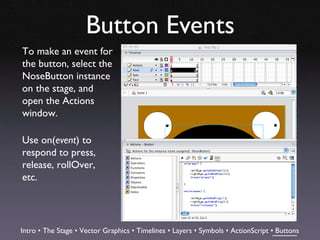 Button Events
To make an event for
the button, select the
NoseButton instance
on the stage, and
open the Actions
window.

Use on(event) to
respond to press,
release, rollOver,
etc.




Intro • The Stage • Vector Graphics • Timelines • Layers • Symbols • ActionScript • Buttons
 