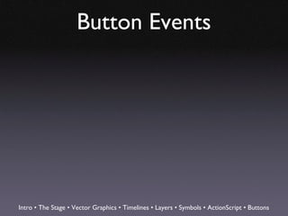 Button Events




Intro • The Stage • Vector Graphics • Timelines • Layers • Symbols • ActionScript • Buttons
 