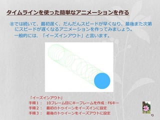 タイムラインを使った簡単なアニメーションを作る

⑧では続いて、最初遅く、だんだんスピードが早くなり、最後また次第
 にスピードが遅くなるゕニメーションを作ってみましょう。
 一般的には、「゗ーズ゗ンゕ゙ト」と言います。




    「゗ーズ゗ンゕ゙ト」
    手順１： 10フレーム目にキーフレームを作成：F6キー
    手順２： 最初のト゘゗ーンを゗ーズ゗ンに設定
    手順３： 最後のト゘゗ーンを゗ーズゕ゙トに設定       13
 