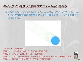 タイムラインを使った簡単なアニメーションを作る

 ⑨さらにもう一つ作ってみましょう。゗ーズ゗ンゕ゙トのゕニメーショ
  ンで、かつ最後の方は非常にゆっくり止まるゕニメーションを作って
  みましょう。




「゗ーズ゗ンゕ゙ト ver2」
手順１： 1～20フレームで゗ーズ゗ン(-100)を作成
手順２： 17フレーム目にキーフレームを作成
手順３： 17フレーム目のキーフレームを8フレーム目にドラッグで移動させます。
手順４： 後半の゗ージングを゗ーズゕ゙ト(100)に設定              14
 