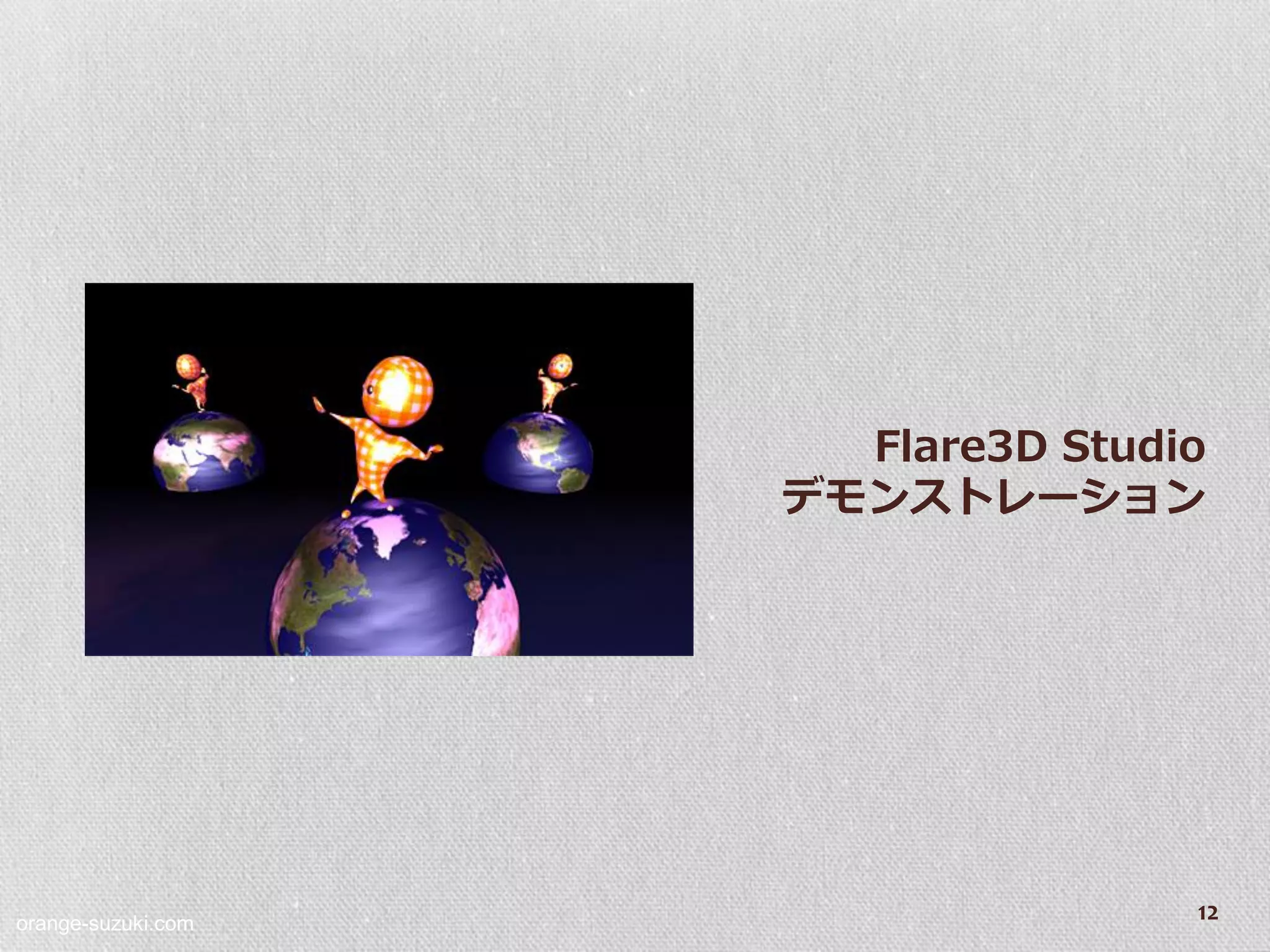 Flare3D Studio
                    デモンストレーション




orange-suzuki.com
                                   12
 