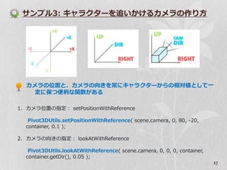 サンプル3: キャラクターを追いかけるカメラの作り方




  カメラの位置と、カメラの向きを常にキャラクターからの相対値として一
   定に保つ便利な関数がある

1. カメラ位置の指定： setPositionWithReference

   Pivot3DUtils.setPositionWithReference( scene.camera, 0, 80, -20,
  container, 0.1 );

2. カメラの向きの指定： lookAtWithReference

   Pivot3DUtils.lookAtWithReference( scene.camera, 0, 0, 0, container,
  container.getDir(), 0.05 );
                                                                         27
 