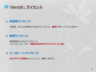 Flare3D：ラ゗センス



1. 非商用ラ゗センス

 学習用、または非商用のためのラ゗センス。無料で使うことができます。



2. 商用ラ゗センス

 商用使用のためのラ゗センス。
 1ラ゗センスにつき、年間$496のサブスクリプション制。



3. コーポレートラ゗センス

 カスタマ゗ズ可能なラ゗センス。要問い合わせ



                                     6
 