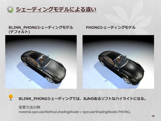 シェーディングモデルによる違い


BLINN_PHONGシェーディングモデル                     PHONGシェーディングモデル
(デフォルト)




   BLINN_PHONGシェーディングでは、丸みのあるソフトなハイライトになる。

   変更方法の例
   material.specularMethod.shadingModel = SpecularShadingModel.PHONG;
                                                                        10
 