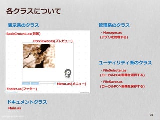 各クラスについて
    表示系のクラス                                    管理系のクラス
   BackGround.as(背景)                           ・Manager.as
                                               (ゕプリを管理する)
                    Previewer.as(プレビュー)




                                               ユーテゖリテゖ系のクラス
                                               ・FileSelecter.as
                                               (ローカルPCの画像を選択する)

                                               ・FileSaver.as
                               Menu.as(メニュー)
                                               (ローカルPCへ画像を保存する)
   Footer.as(フッター)



   ドキュメントクラス
    Main.as

orange-suzuki.com
                                                                  22
 