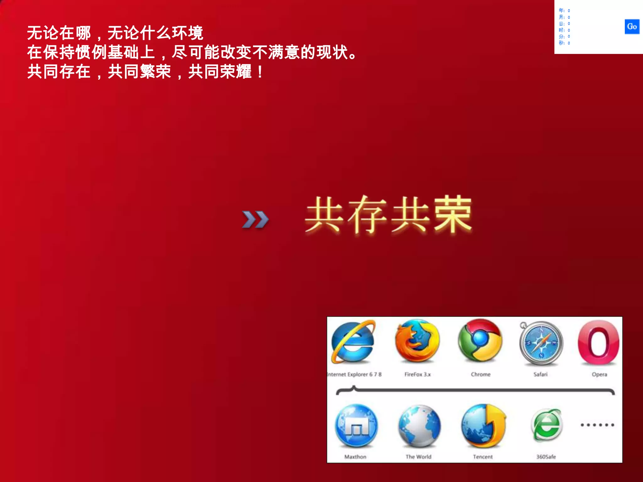 无论在哪，无论什么环境在保持惯例基础上，尽可能改变不满意的现状。共同存在，共同繁荣，共同荣耀！共存共荣