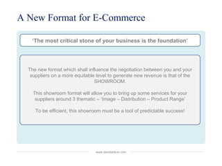 A New Format for E-Commerce
‘The most critical stone of your business is the foundation’
The new format which shall influence the negotiation between you and your
suppliers on a more equitable level to generate new revenue is that of the
SHOWROOM.
This showroom format will allow you to bring up some services for your
suppliers around 3 thematic – ‘Image – Distribution – Product Range’
To be efficient, this showroom must be a tool of predictable success!
www.davidabikzir.com
 