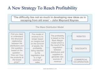 A New Strategy To Reach Profitability
‘The difficulty lies not so much in developing new ideas as in
escaping from old ones’ – John Maynard Keynes
The Mass Distribution Model
First you need
to understand
the structural
relationship
between the
distributors and
the suppliers
based on the
question –
‘How can I buy
the products at
the lowest
price?’
This model of
revenue is no
longer based
on margins but
on the turnover
of assets; the
profitability
being reached
by the
negotiation due
to a high
volumes of
sales
The profitability
is based on the
‘Back Margin’
model which is
the result of the
negotiation
between
distributors and
suppliers to
generate new
sources of
revenue
REBATES
DISCOUNTS
COMMERCIAL
CO-OPERATION
www.davidabikzir.com
 