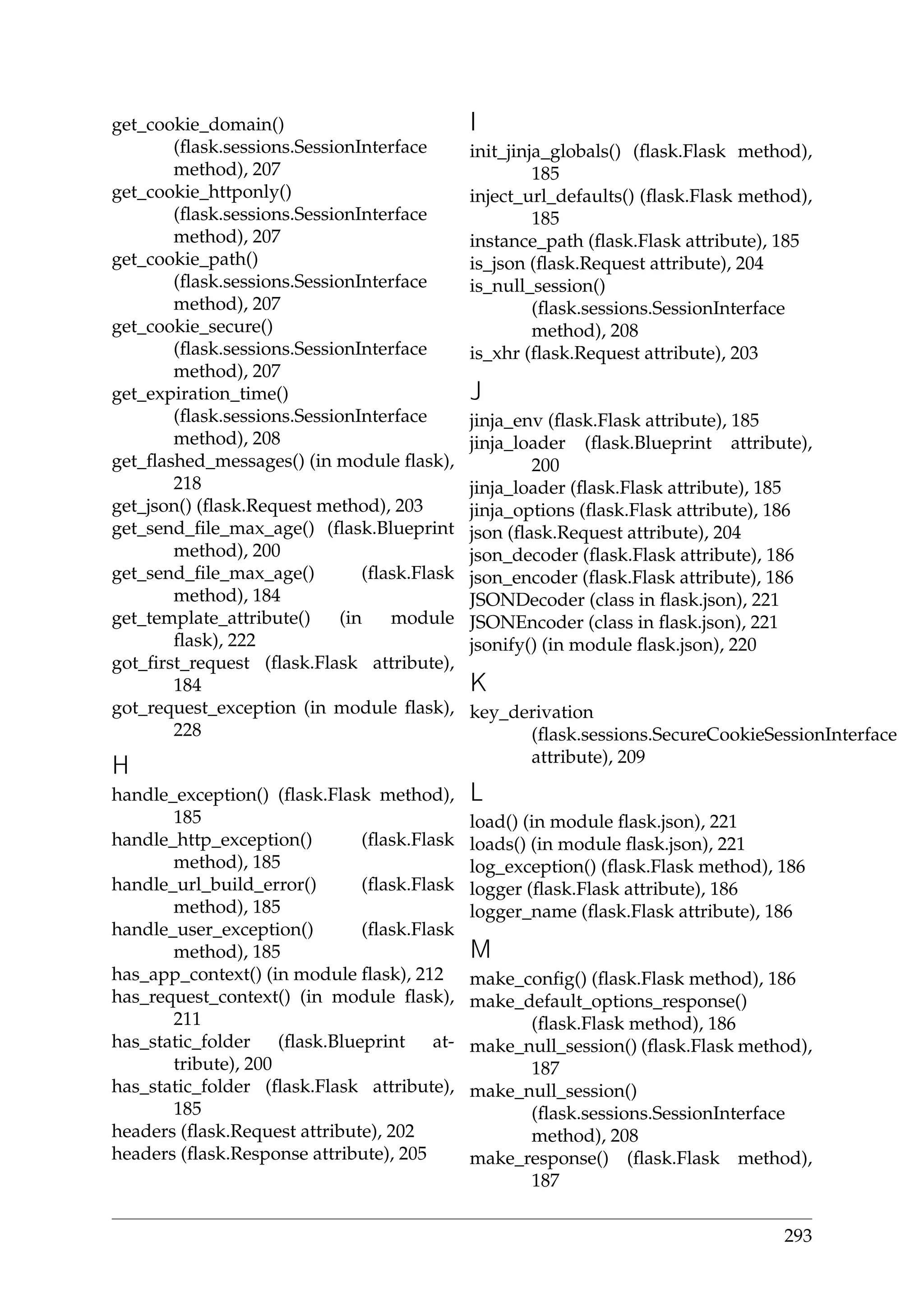 get_cookie_domain()
(ﬂask.sessions.SessionInterface
method), 207
get_cookie_httponly()
(ﬂask.sessions.SessionInterface
method), 207
get_cookie_path()
(ﬂask.sessions.SessionInterface
method), 207
get_cookie_secure()
(ﬂask.sessions.SessionInterface
method), 207
get_expiration_time()
(ﬂask.sessions.SessionInterface
method), 208
get_ﬂashed_messages() (in module ﬂask),
218
get_json() (ﬂask.Request method), 203
get_send_ﬁle_max_age() (ﬂask.Blueprint
method), 200
get_send_ﬁle_max_age() (ﬂask.Flask
method), 184
get_template_attribute() (in module
ﬂask), 222
got_ﬁrst_request (ﬂask.Flask attribute),
184
got_request_exception (in module ﬂask),
228
H
handle_exception() (ﬂask.Flask method),
185
handle_http_exception() (ﬂask.Flask
method), 185
handle_url_build_error() (ﬂask.Flask
method), 185
handle_user_exception() (ﬂask.Flask
method), 185
has_app_context() (in module ﬂask), 212
has_request_context() (in module ﬂask),
211
has_static_folder (ﬂask.Blueprint at-
tribute), 200
has_static_folder (ﬂask.Flask attribute),
185
headers (ﬂask.Request attribute), 202
headers (ﬂask.Response attribute), 205
I
init_jinja_globals() (ﬂask.Flask method),
185
inject_url_defaults() (ﬂask.Flask method),
185
instance_path (ﬂask.Flask attribute), 185
is_json (ﬂask.Request attribute), 204
is_null_session()
(ﬂask.sessions.SessionInterface
method), 208
is_xhr (ﬂask.Request attribute), 203
J
jinja_env (ﬂask.Flask attribute), 185
jinja_loader (ﬂask.Blueprint attribute),
200
jinja_loader (ﬂask.Flask attribute), 185
jinja_options (ﬂask.Flask attribute), 186
json (ﬂask.Request attribute), 204
json_decoder (ﬂask.Flask attribute), 186
json_encoder (ﬂask.Flask attribute), 186
JSONDecoder (class in ﬂask.json), 221
JSONEncoder (class in ﬂask.json), 221
jsonify() (in module ﬂask.json), 220
K
key_derivation
(ﬂask.sessions.SecureCookieSessionInterface
attribute), 209
L
load() (in module ﬂask.json), 221
loads() (in module ﬂask.json), 221
log_exception() (ﬂask.Flask method), 186
logger (ﬂask.Flask attribute), 186
logger_name (ﬂask.Flask attribute), 186
M
make_conﬁg() (ﬂask.Flask method), 186
make_default_options_response()
(ﬂask.Flask method), 186
make_null_session() (ﬂask.Flask method),
187
make_null_session()
(ﬂask.sessions.SessionInterface
method), 208
make_response() (ﬂask.Flask method),
187
293
 